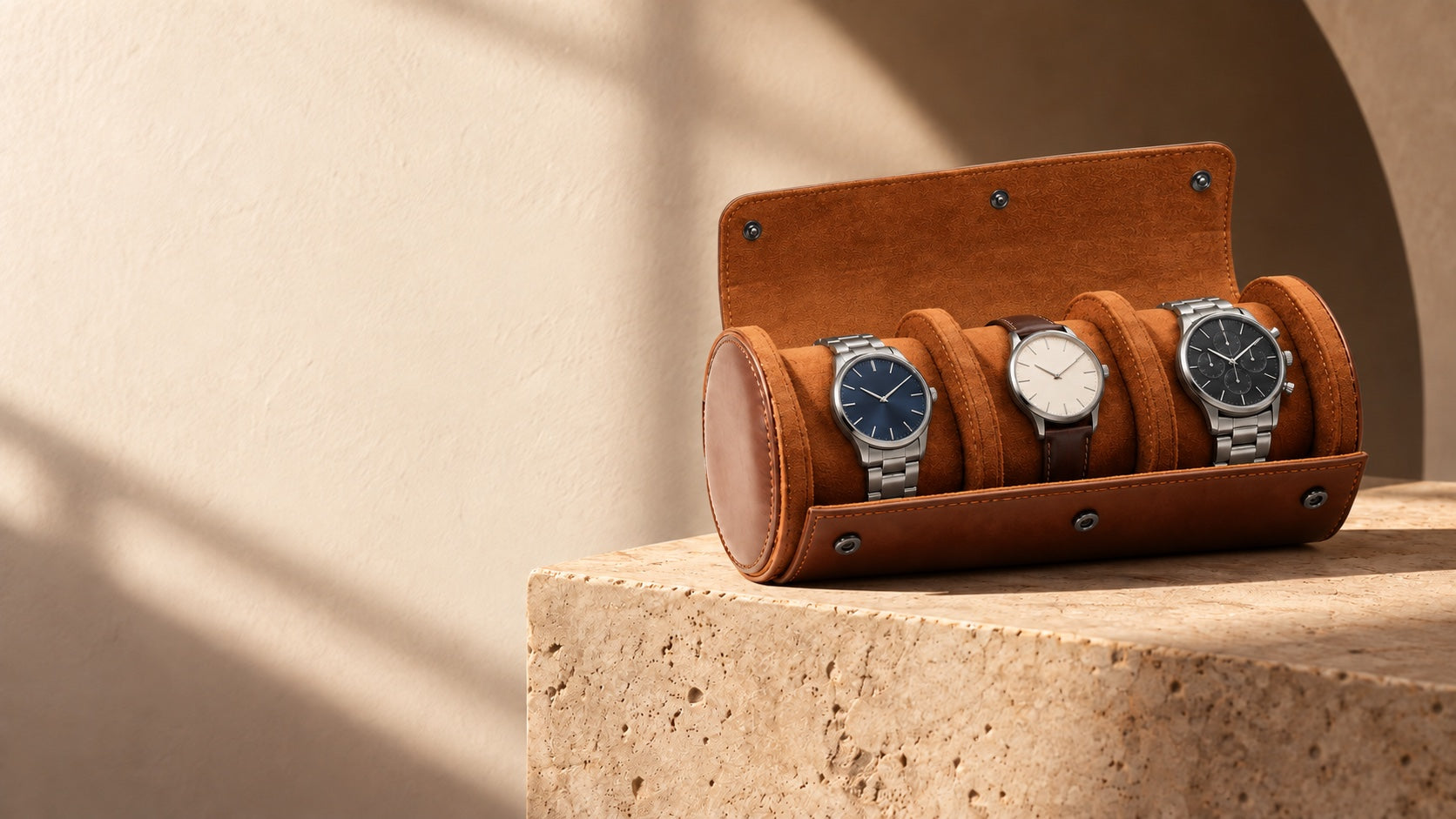 Cognac watch travel roll on a limestone plinth in warm afternoon light
